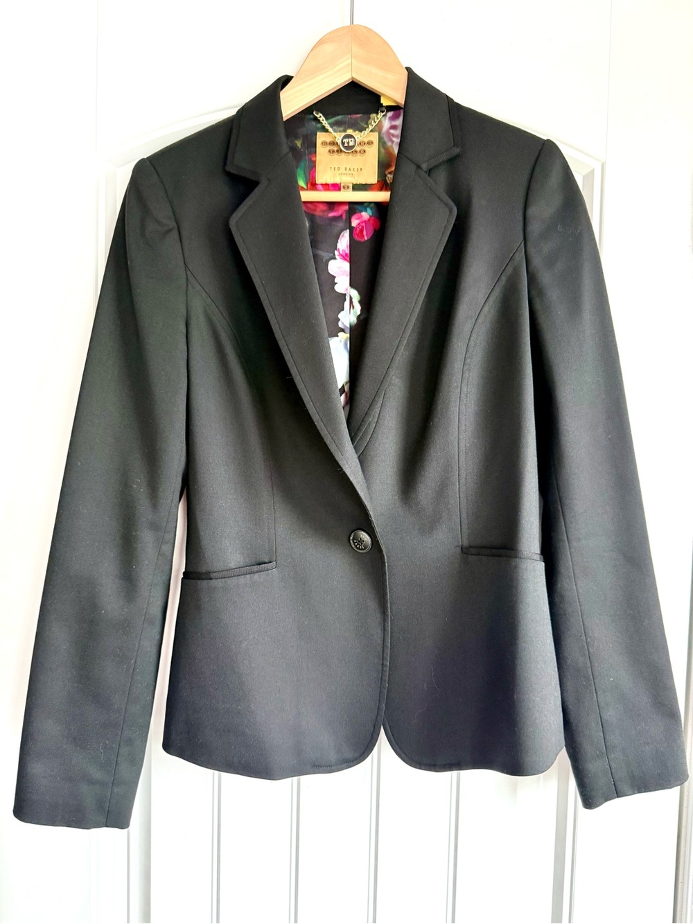 Ted Baker Classic Black Single-Button Tailored Blazer with Floral Lining